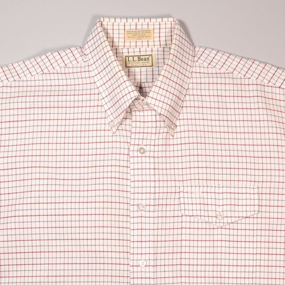 LL Bean Short Sleeve Shirt Plaid Beige Single Needle Made in USA Men's 17.5 XXL